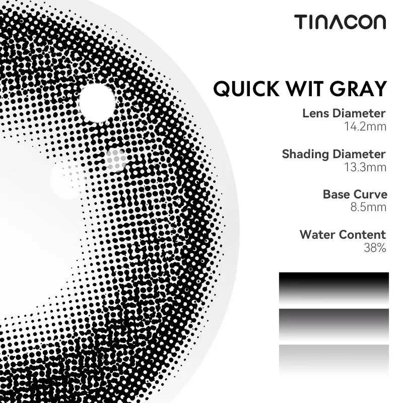 Technical data for these gray lenses: diameter, base curve, and hydration for daily comfort.