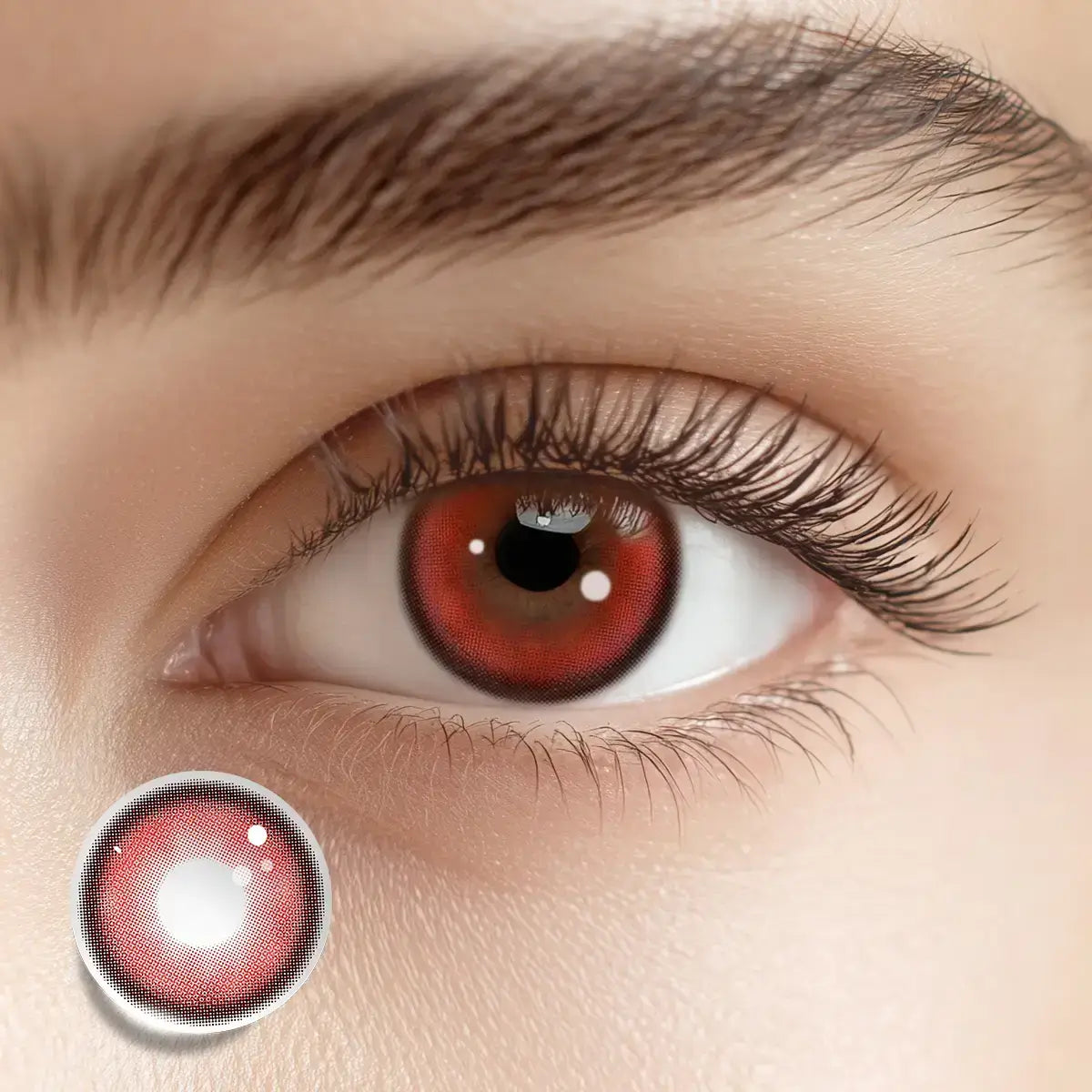 Creating a haunting look with Hex Red colored contacts, featuring a defining solid black limbal ring.