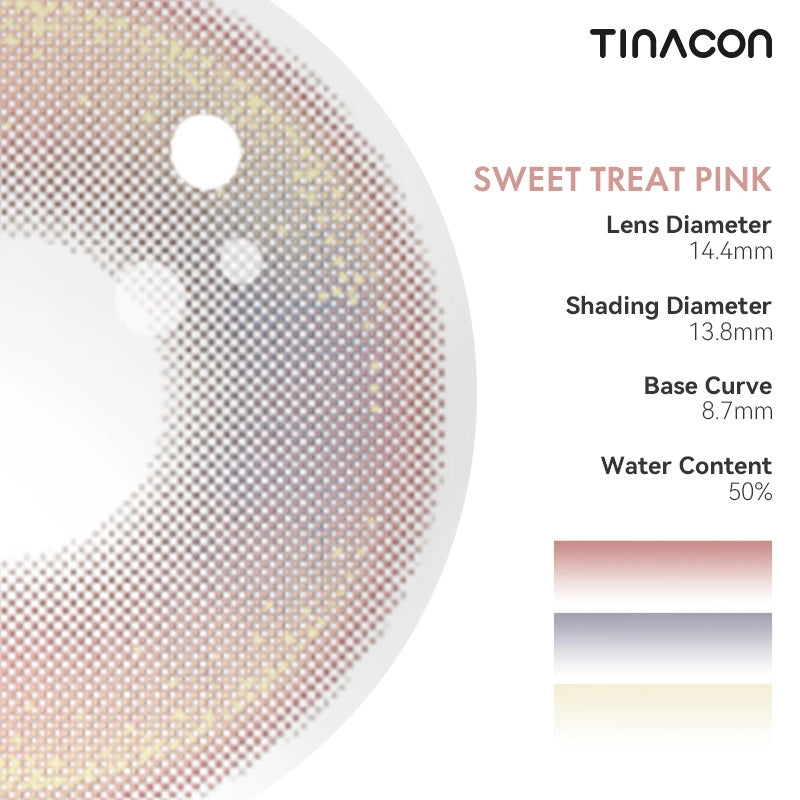 Technical data for these pink colored contact lenses, featuring a high-oxygen design and a precision-fit base curve.