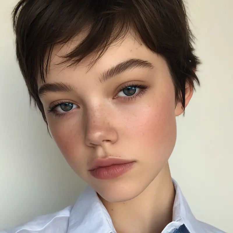 A portrait showcasing Pillow Talk Black colored contact lenses, designed to provide a polished finish for a fresh look.