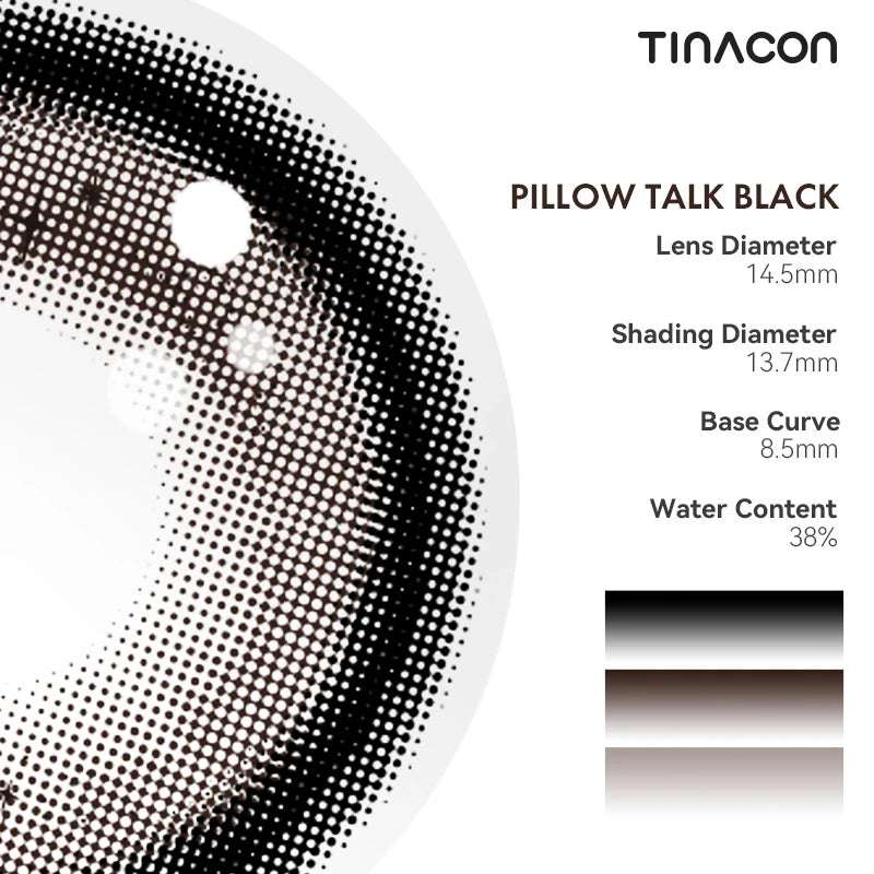 Specifications for these black lenses: diameter, base curve, and hydration for all-day comfort.