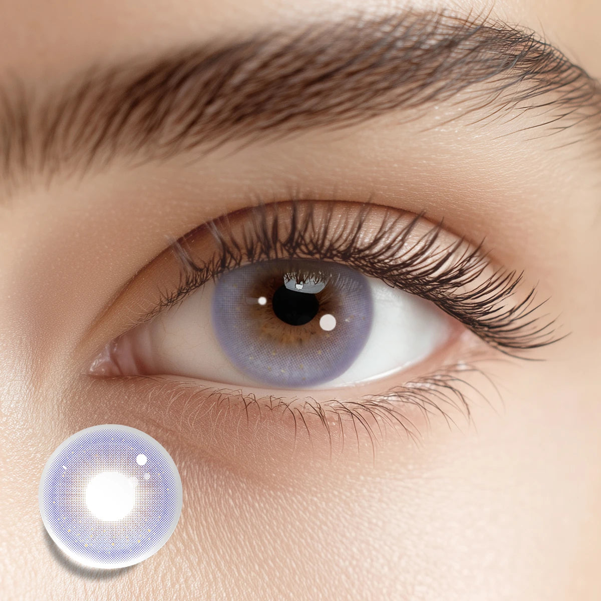 Achieving a mystic look with Secret Garden Purple colored contacts, featuring an ethereal purple tint that softens the gaze.