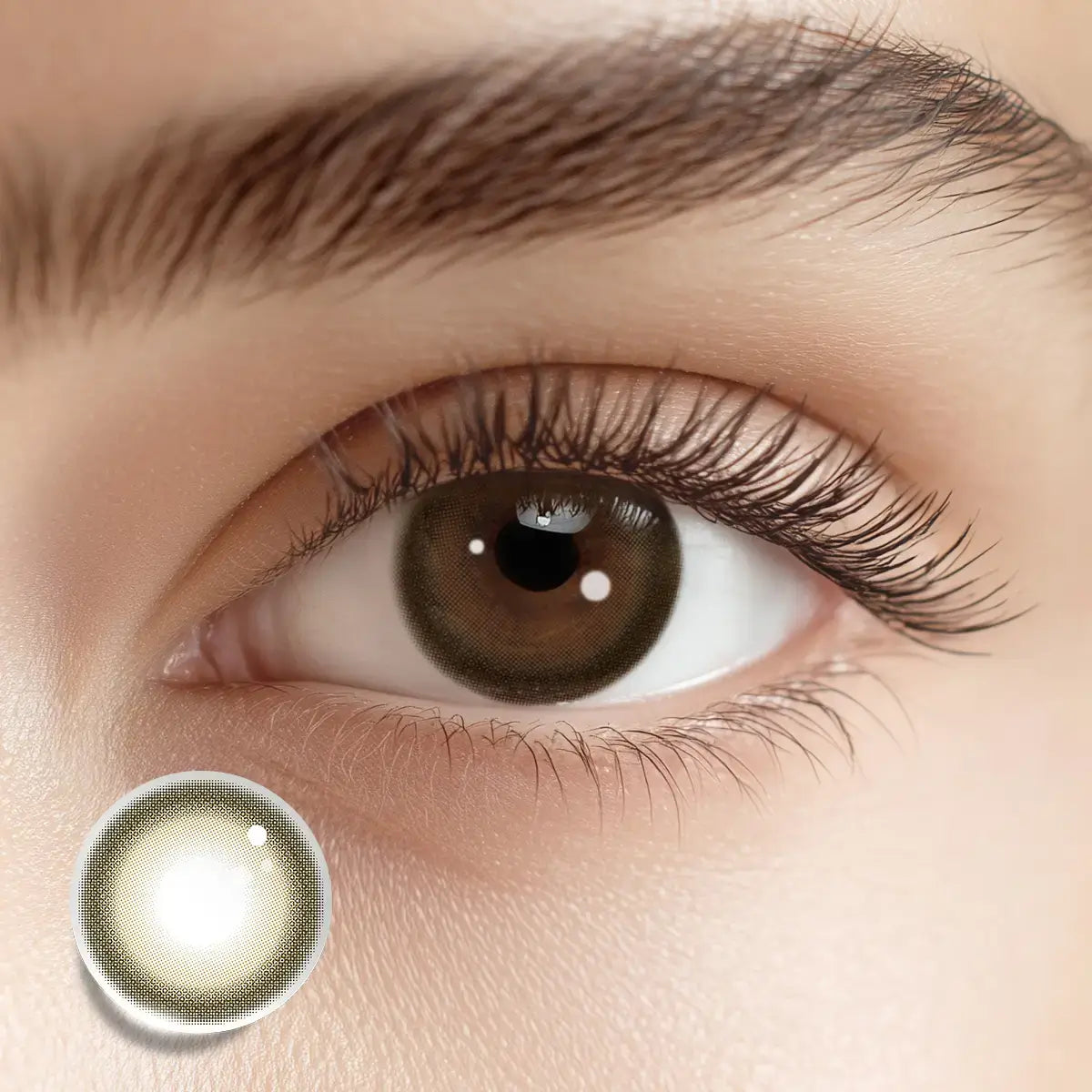 Achieving a gentle, natural look with Tea Time Brown colored contacts, perfect for everyday use.