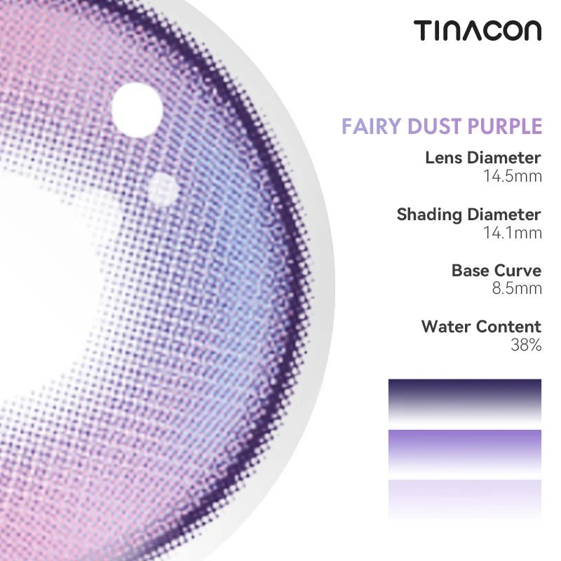 Specifications for these purple colored contacts, balancing comfort with a high-standard, magical aesthetic.