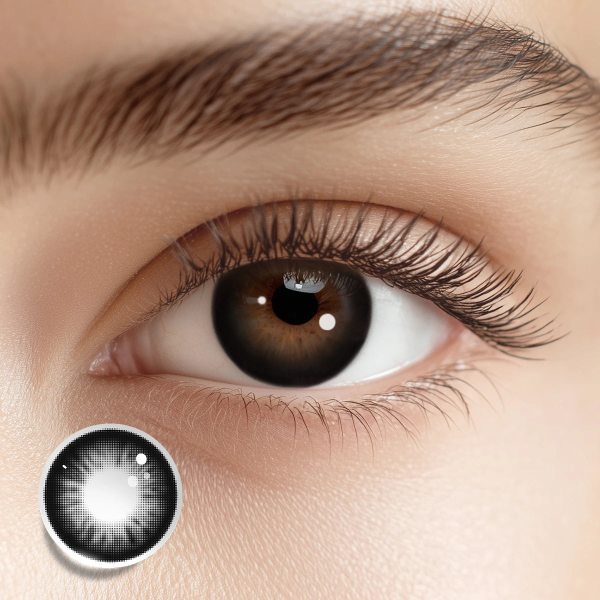 Achieving a deep, high-fashion gaze with Black Velvet colored contacts for a dewy look.