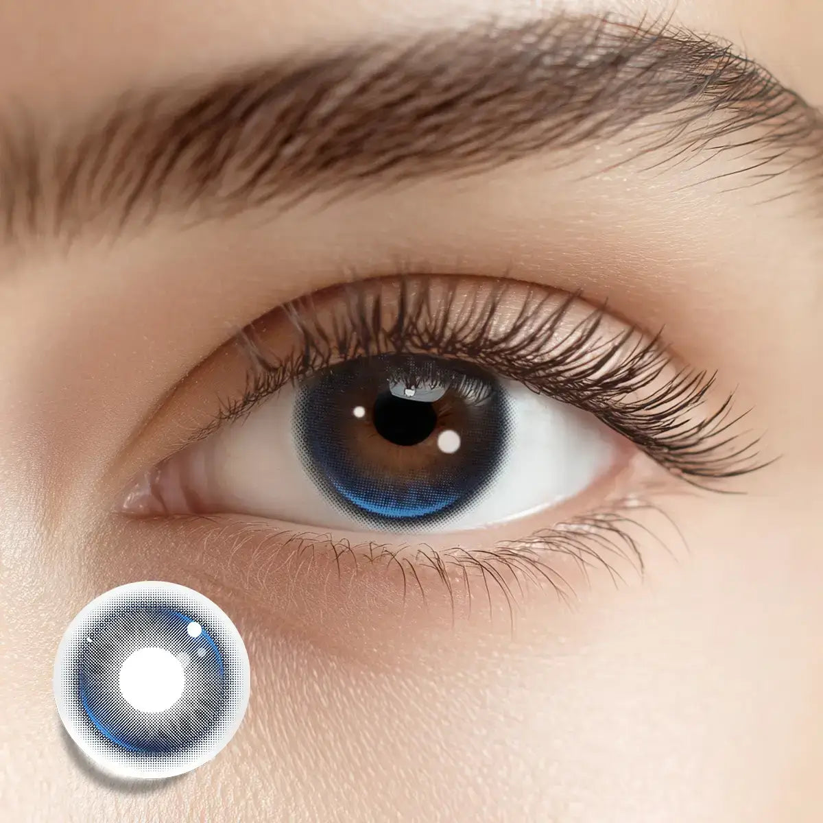 Illuminating the gaze with a stunning fan-shaped highlight using Glacier Blue colored contacts.