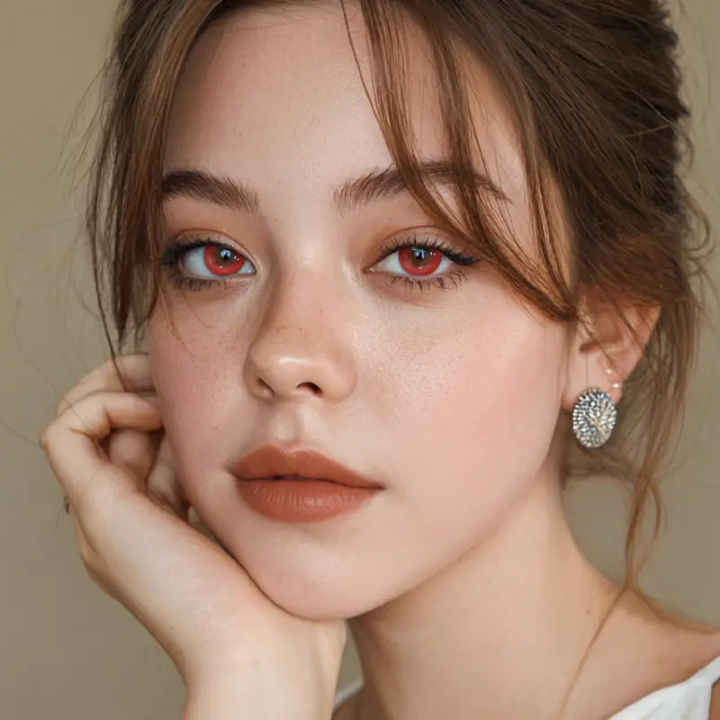 A portrait showcasing Blood Moon Red colored contact lenses, designed to provide a bold, high-impact finish for any costume look.