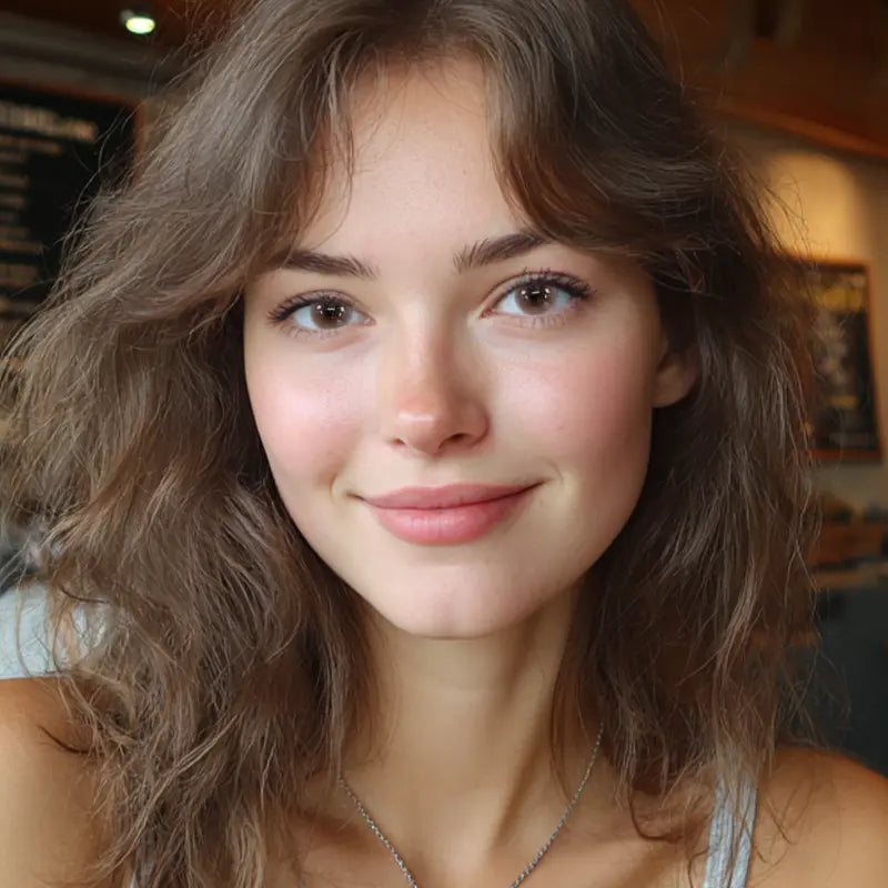 A portrait showcasing Sweet Treat Pink colored contact lenses, designed to add a luminous and celestial glow to a romantic, high-fashion look.